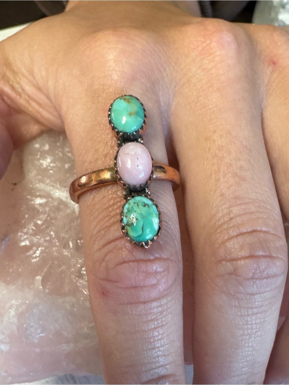 Kingman Mojave Turquoise and Pink Opal COPPER Crawler Ring - Size 8.25 - 8.5